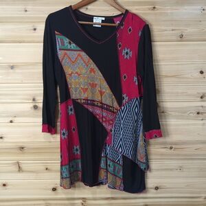Parsley & Sage Top Womens Small Black Western Art Patchwork Pieced‎ Blouse